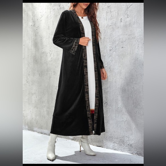 SHEIN Najma Geo Trim Open Front Black Velvet Abaya Maxi Cardigan Without Belt - Picture 4 of 6